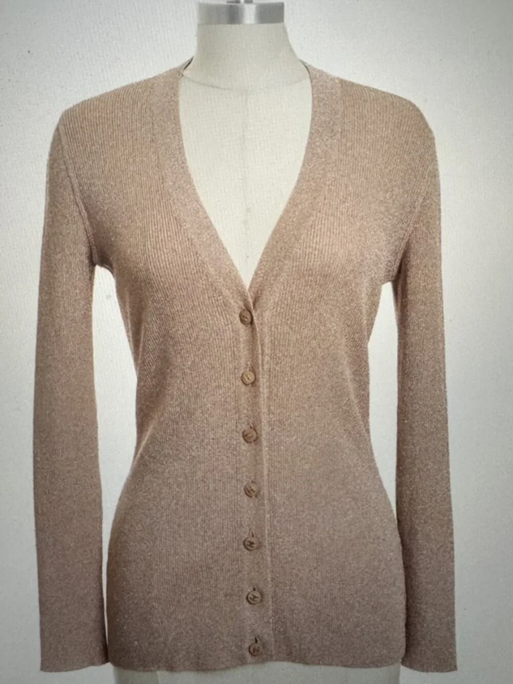 Chanel Vintage Beige Sparkly Button Up Ribbed Cardigan